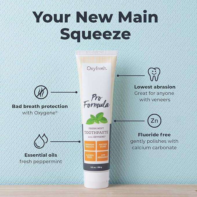 Oxyfresh Pro Formula Fresh Mint Toothpaste – Gentle Low Abrasion - Cosmetic Fluoride Free - for Bad Breath, Sensitive Teeth and Gums with Natural Essential Oils - 5.5 oz