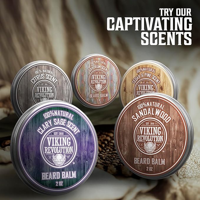Viking Revolution Sandalwood Beard Balm - Beard Butter with Argan Oil, Beard Softener for Men with Jojoba Oil - Beard Moisturizer for Men with Beeswax - Beard Wax for Men (2oz, 2 Pack)