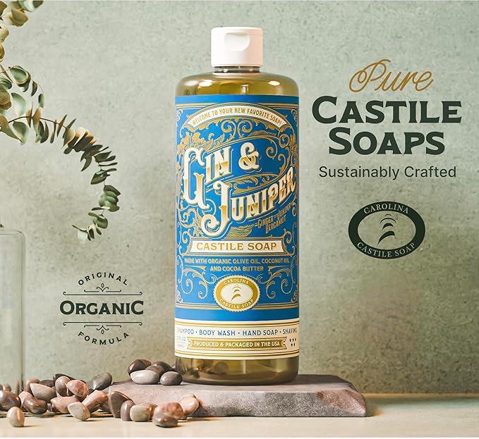 Carolina Castile Soap Gin & Juniper Scented – Certified Organic Base, High Olive Oil Content, Non-Drying, Made with Organic Oils, Concentrated Body Wash for Men (Gin & Juniper, 1 Gallon)