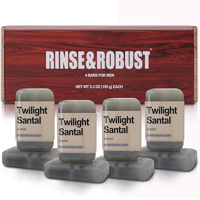 Rinse & Robust Men's 4-in-1 Exfoliating Bar Soap Gift Set - Moisturizing, Acne Relief for Face, Body & Shaving | Natural 4-Pack (5.3 oz Bars), Santal Scent