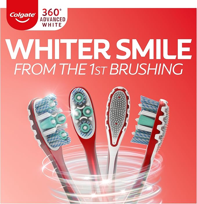 Colgate 360 Advanced Whitening Soft Toothbrush Pack, 4 Adult Soft Toothbrushes with Cheek and Tongue Cleaner, Helps Clean Your Teeth, Tongue, Cheeks, & Gums, 4 - Pack