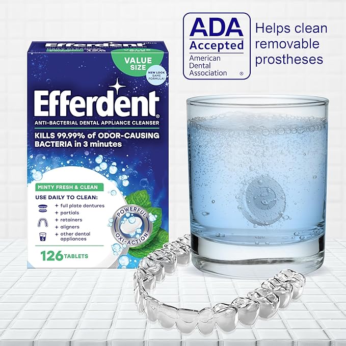 Efferdent Denture Cleaner Tablets – Dental Appliances, Aligners, Mouth Guard, and Retainer Cleaner Tablets, Minty Fresh & Clean, 90 Count (Pack of 6)