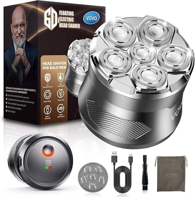 VOVO Head Shavers for Bald Men 2 Speed 6D Electric Face Head Shaver Large Capacity Cordless Type-C Rechargeable IPX7 Waterproof Bald Head Shaver Wet & Dry Use Head Razor Suitable for Home and Travel