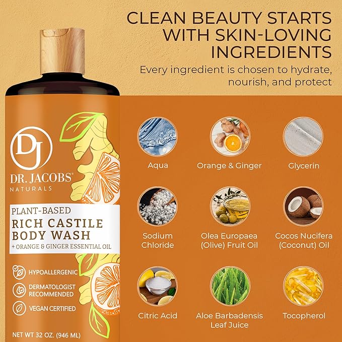 Dr. Jacobs Naturals Pure Castile Soap Liquid Body Wash, Orange & Ginger - Plant Based Soap Infused with Vitamin E & Aloe Vera to Moisturize Dry and Sensitive Skin - Made in The USA - 32 oz, Pack of 2
