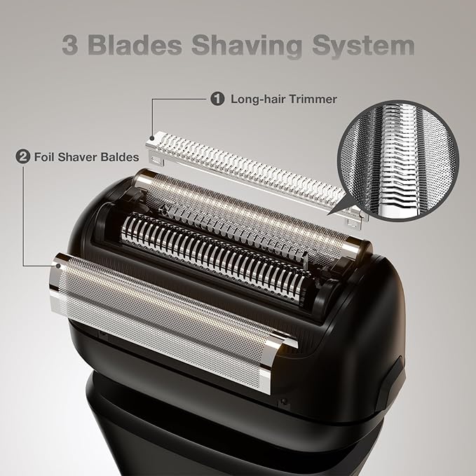 Electric Foil Shaver for Men,Electric Razor for Men with Fast Charging, Waterproof Cordless Rechargeable System, Professional Beard Trimmer & 3 Blade Replacement Head