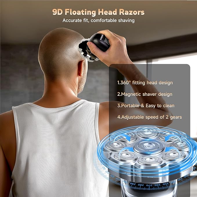 Electric Razor for Men,Head Shavers for Bald Men,9D Floating with Magnetic Razors,5-in-1 Head Shaver,Wet & Dry Electric Razor for Home & Travel