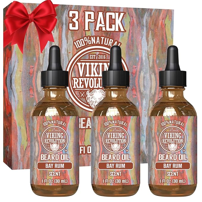 Viking Revolution Bay Rum Beard Oil for Men - Natural Argan and Jojoba Oil Blend for Softening, Strengthening, and Moisturizing Beards (3 Pack)