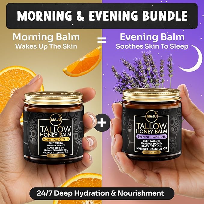 MAJU Tallow Honey Balm, Morning Citrus (2 oz), Grass Fed Beef Tallow for Skin with Organic Black Seed Oil, Manuka Honey and Organic Beeswax, Skin and Face Moisturizer for Deep Hydration