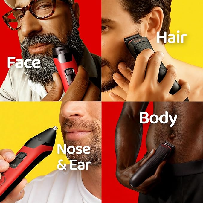 Electric Beard Trimmer for Men,Nose Hair Trimmer & Electric Razor 10-in-1 Grooming Kit Cordless Shaver Gift-Ready for Men(Red)