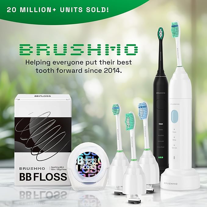 Brushmo e-Series Total Clean Replacement Toothbrush Heads, Compatible with Philips Sonicare Screw-on Electric Toothbrush Handles, 6 Standard Heads, Medium Firm Dupont Bristles, BM726-bg, White