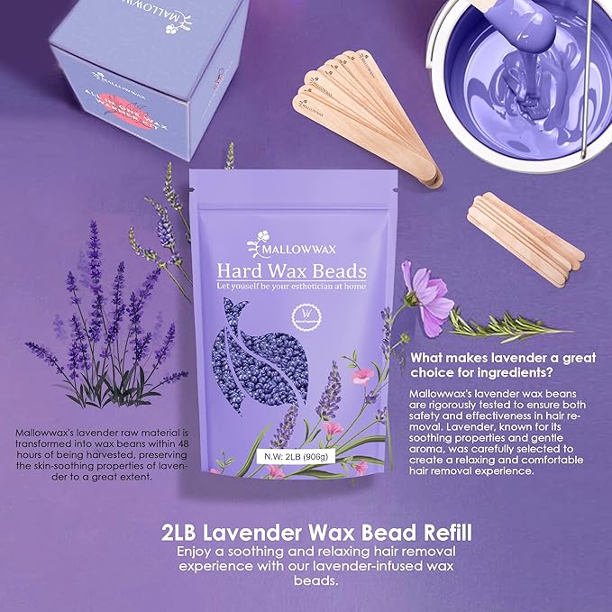 Lavender - Wax Beads for Hair Removal - Natural & Hypoallergenic Formula - Stripless Refillable 2LB - Ideal for At-Home Use and Sensitive Areas