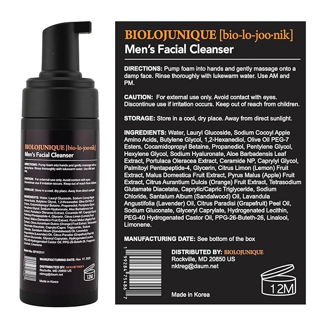 Men’s Face Wash: Instant Foaming Facial Cleanser for Mature Skin. K-Beauty Formula with Botanical Elements for Dry Skin. Hydrating & Anti-Aging Peptides + Ceramides. 5.07 fl oz (150ml).