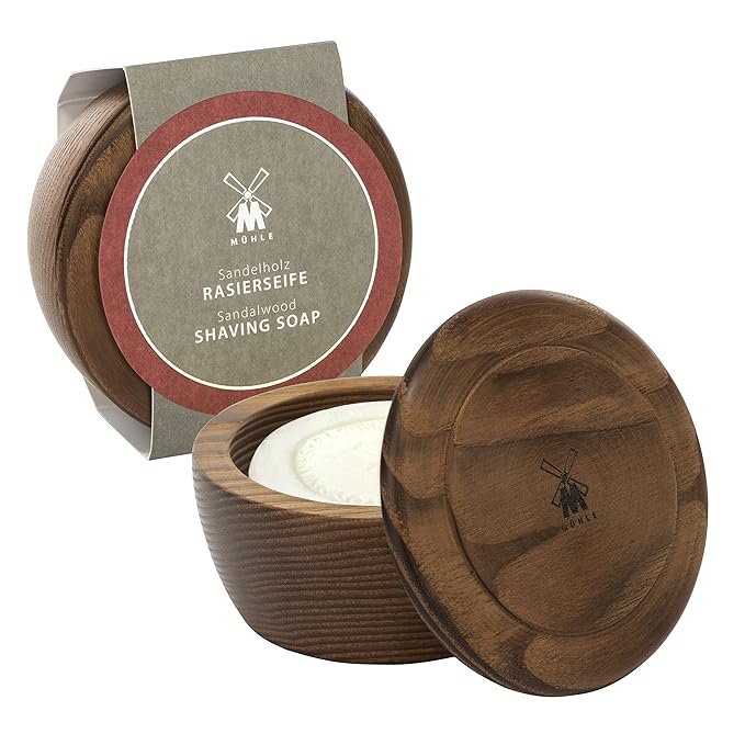 MÜHLE Wooden Bowl with Shaving Soap | Sandalwood | 65 Grams | Shave Soap for Men | Steamed Ash Shaving Bowl | Rich & Light Soap Formula | Nurturing Shave Soap Lather