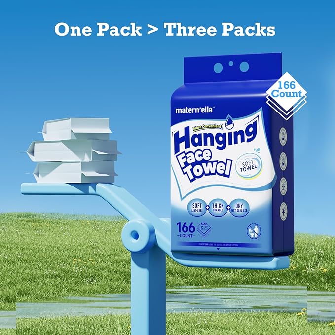 Matern'ella Hanging Dry Wipes 166 Counts Face Towel Washcloth Facial Cleansing Thickened Makeup Remover Disposable Soft Face Towelettes for Sensitive Skin Fragrance and Alcohol Free Wet Dry Dual Use