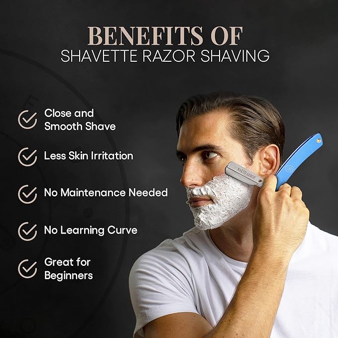 Best Shavette Straight Razor - Replaceable Blade Straight Razor, Metal Handle Shavette, No Stropping or Honing Needed, Great For Beginners, Starter Blade, Hygienic, Close Shave, Leather Case (Blue)