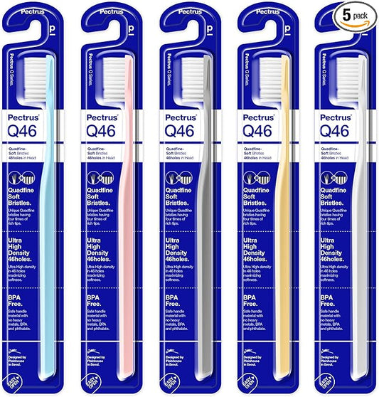 Soft Toothbrush Pack, 5 Count, Advanced Quad-fine Bristles Technology, Tapered Bristles for Sensitive Teeth, Gums & Deep Plaque Removal, Self Flossing Manual Toothbrushes, Assorted Colors
