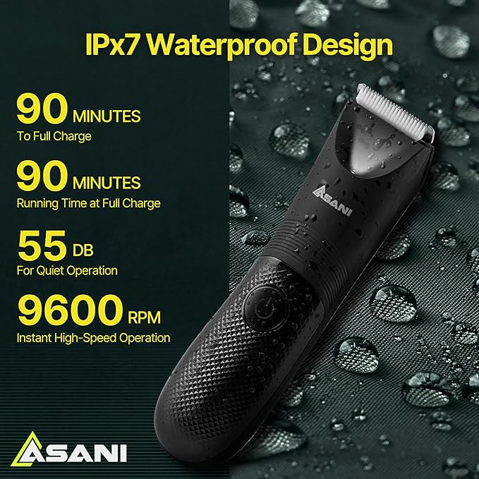 Asani Upkeeper Body Hair Trimmer & Groomer for Men – Rechargeable, Electric Razor-Shaver, Nick-Free Ceramic Blade, LED Light, IPX7 Waterproof, Groin, & Legs (Wet/Dry)