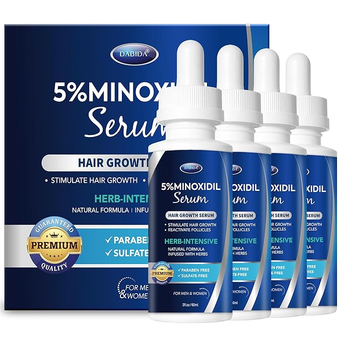 5% Minoxidil Hair Growth for Men and Women: Extra Strength Minoxidil and Biotin Beard Regrowth Serum for Thinning Hair Loss to Grow Thicker Fuller Hair 60ml 4 Bottles