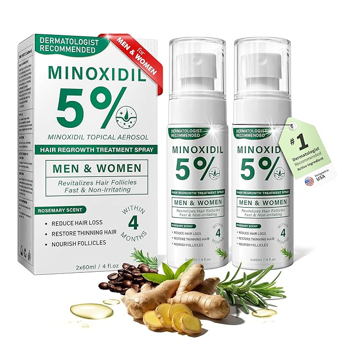 5% Minoxidil Hair Regrowth Spray for Men and Women with Rosemary Scent – 2 x 60ml Value Pack for 4+ Months – Lightweight Non Greasy Mist for Thinning Hair Receding Hairline Crown Support (Rosemary)