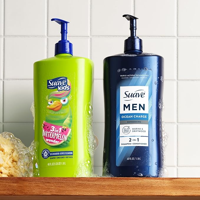 Suave Men Ocean Charge 2 in 1 Refreshing Shampoo & Conditioner with Pro Vitamin B5, Hydrates & Revitalizes Hair, Ocean Fresh Scent, 4 Count, 40 FL OZ Pump