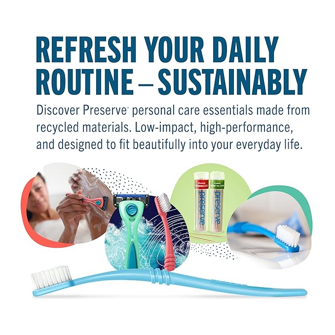 Preserve Eco Friendly Adult Toothbrushes, Made in The USA from Recycled Plastic, Ultra Soft Bristles, Paperboard Package, Colors Vary, 6 Count (Medium)