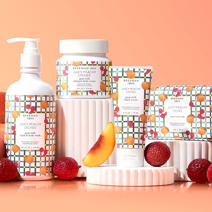 Beekman 1802 Face & Body Wipes, Juicy Peachy Lychee, 30 Count - Cleanses Dirt & Makeup - With Goat Milk, Aloe & Vitamin E - Alcohol Free, Biodegradable - Good for Sensitive Skin - Cruelty Free
