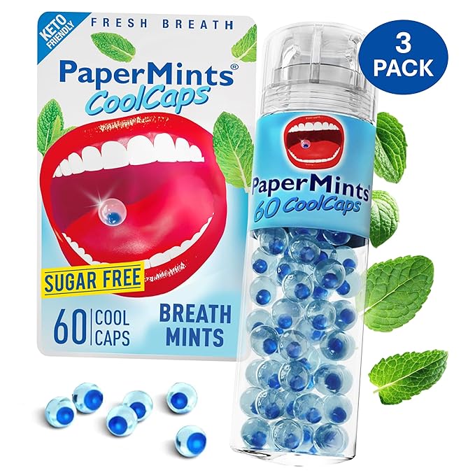 PaperMints CoolCaps Breath Mints Peppermint - Dual Action Liquid Capsules for Instant Fresh Breath Freshener, Fast-Dissolves, Sugar-Free Mint Capsules - 3 pack of 60 pieces - 180 Total