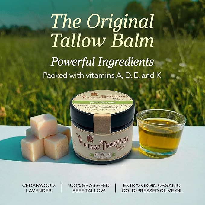 Vintage Tradition Beef Tallow All Purpose Balm - Healing, Hydrating Mild Scent Skin Care Salve Replaces Body Lotion, Hand Cream, More - Essential Oil, Olive Oil, and Grass-Fed Tallow, 2 fl. oz.