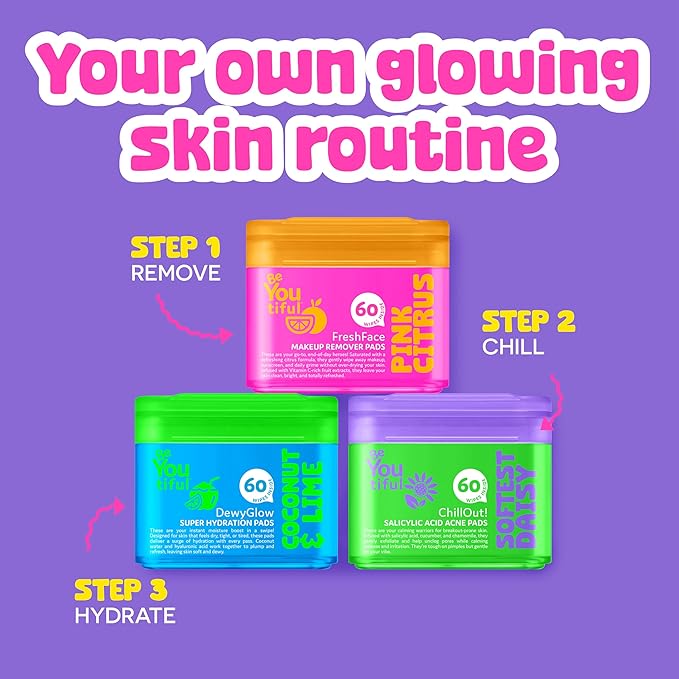 BeYoutiful FreshFace Makeup Remover Face Wipes for Teens and Kids, Easter Basket Stuffers, 60 Make Up Remover Pads, Gentle Safe Skincare, Vegan, Easter Gifts for Kids