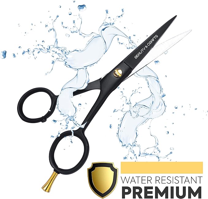 Beauty & Crafts- 5'' German Beard Mustache Scissors - 2 Mustache Comb for Facial Hair with Beautiful Pouch - Beard Trimming Scissors Use for Grooming, Cutting, and Styling of Mustache (Black)