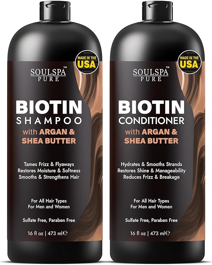 Biotin Argan Oil Shampoo and Conditioner Set - Shea Butter Moisturizing Formula for Curly, Dry & Damaged Hair - Deep Hydration for Men & Women - Made in USA - 16 fl oz Each