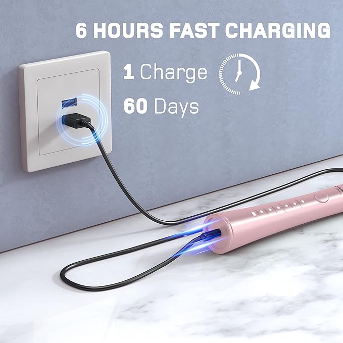 Wagner Stern ultrasonic whitening Electric Toothbrush with 8 Charcoal Black Brush Heads. for Fresh Breath & Healthy Smile. (Pink)