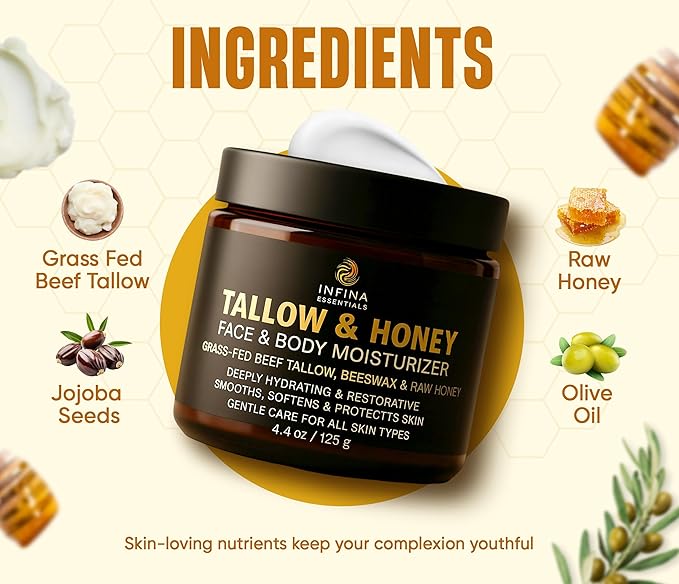 Beef Tallow for Skin with Raw Honey – Grass Fed Beef Tallow Face & Body Moisturizer - Balm Style Hydrating Cream with Beeswax & Olive Oil for Dry Skin, Hands & Feet – 4.4 oz