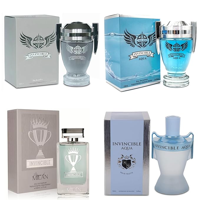 Men's Cologne Gift Set of 4(MilanInvin&InvincibAquaSP&MCH&GREY) - 3.4 Fl Oz Each | Vanilla Bourbon, Leather & Amber Floral Fragrance | Luxury Eau de Toilette Quartet