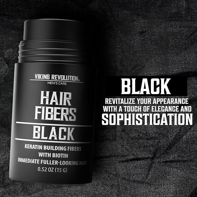Viking Revolution Black Hair Fibers for Thinning Hair Men - Thick Fiber for Bald Spot Cover Up - Hair Building Fibers with Kerating and Biotin - Hair Fiber for Men for Thicker and Fuller Look (0.52oz)