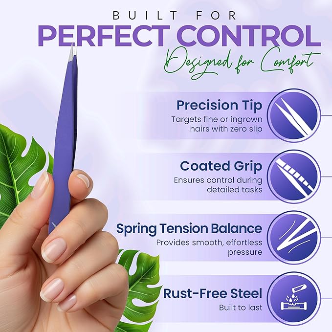 Pointer Stainless Steel Tweezers Women & Men Precision Eyebrow Tweezers for Facial Hair, Fine Tip Strong Grip Professional Tweezer for Eyebrow Shaping, Ingrown Hair & Splinter Removal (Purple)