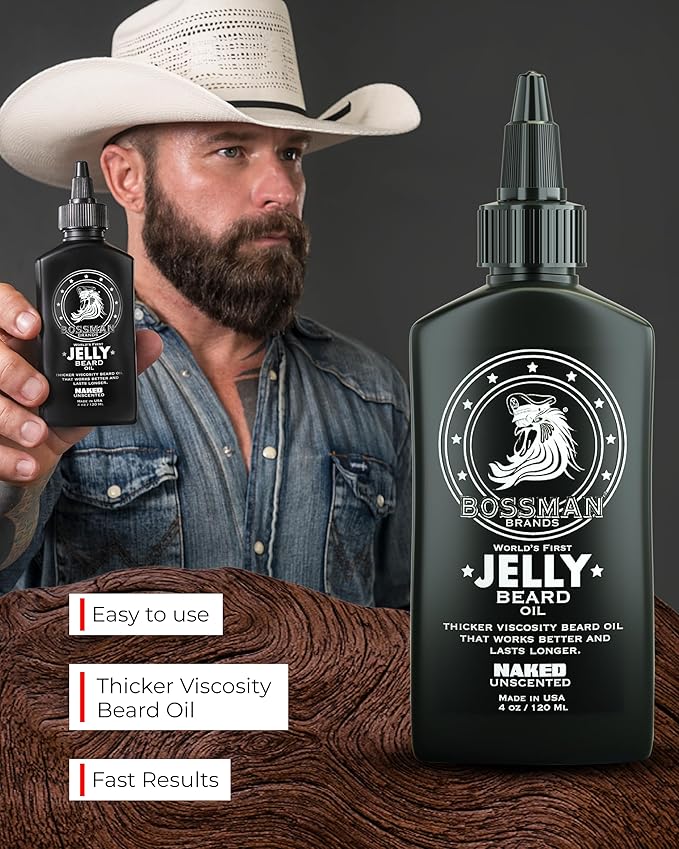 Bossman Jelly Beard Oil for Men (4 oz, Naked - Unscented) – Softens, Moisturizes & Conditions with Natural Ingredients