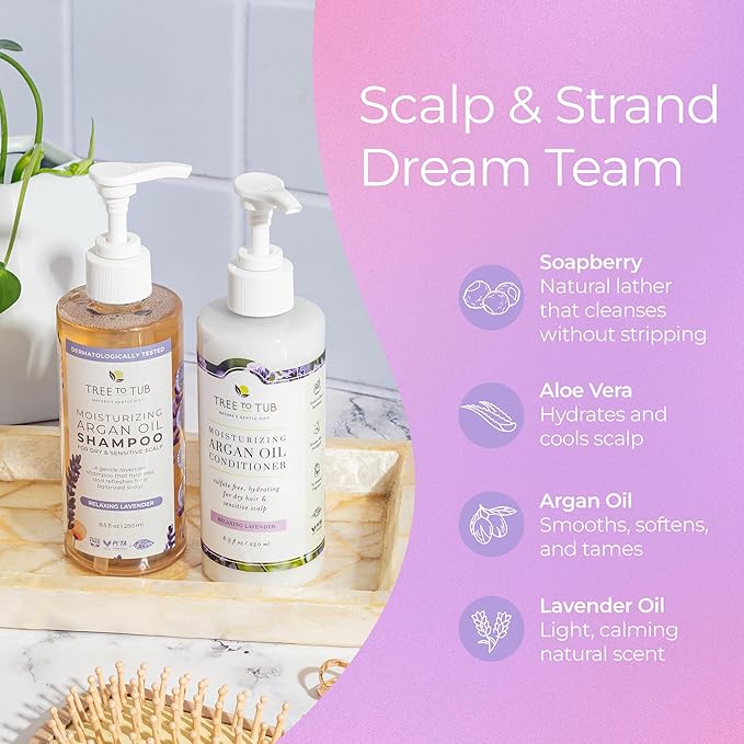 Tree To Tub Lavender Shampoo and Conditioner Set for Dry Hair, Dry Scalp, Frizz - Moisturizing Argan Oil Shampoo and Conditioner for Women & Men w/Organic Natural Aloe Vera