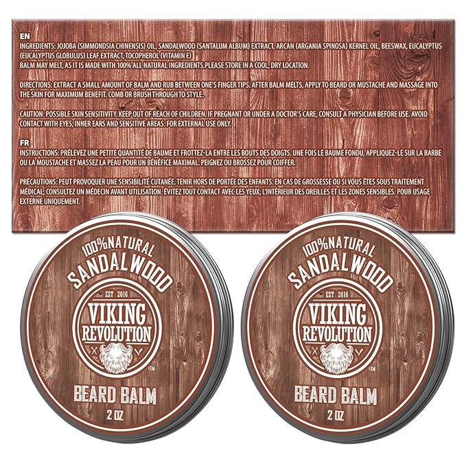 Viking Revolution Sandalwood Beard Balm - Beard Butter with Argan Oil, Beard Softener for Men with Jojoba Oil - Beard Moisturizer for Men with Beeswax - Beard Wax for Men (2oz, 2 Pack)