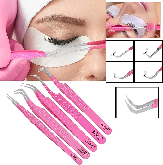 HADIZ Fiber Tip Eyelash Extension tweezers Lash Tweezer Japanese Steel set of five (Raspberry)