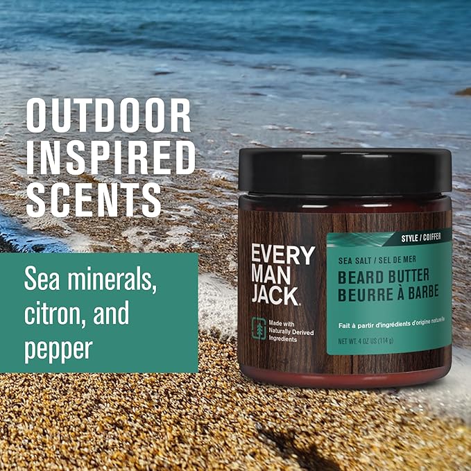 Every Man Jack Beard Butter- Subtle Sea Salt Fragrance - Rejuvenates, Hydrates, and Styles Dry, Unruly Beards While Relieving Itch - Naturally Derived with Shea Butter and Coconut Oil - 4oz