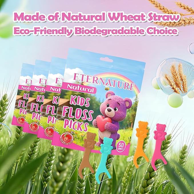 Kids Flossers 200ct, Dental Kids Floss Picks, Biodegradable Heart Bear Flossers, Fluoride & PFA Free, Gifts for Toddlers Teeth, Flossing Sticks for Kids, No Shred Thread, Strawberry Flavored