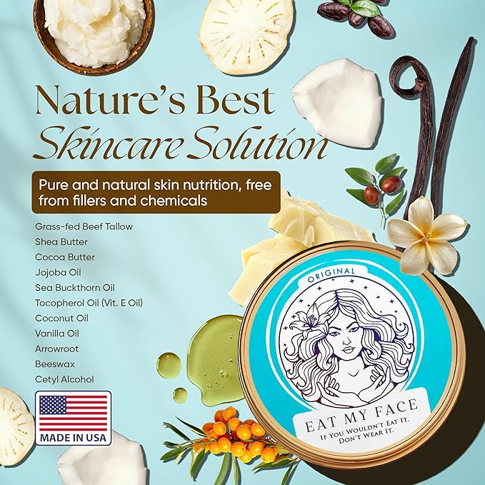 Eat My Face Grass Fed Beef Tallow Face Moisturizer | Organic Beef Tallow for Skin Face, Body & Hands, Deep Moisturizer for Dry & Sensitive Skin, Natural Skin Care, 4 fl oz