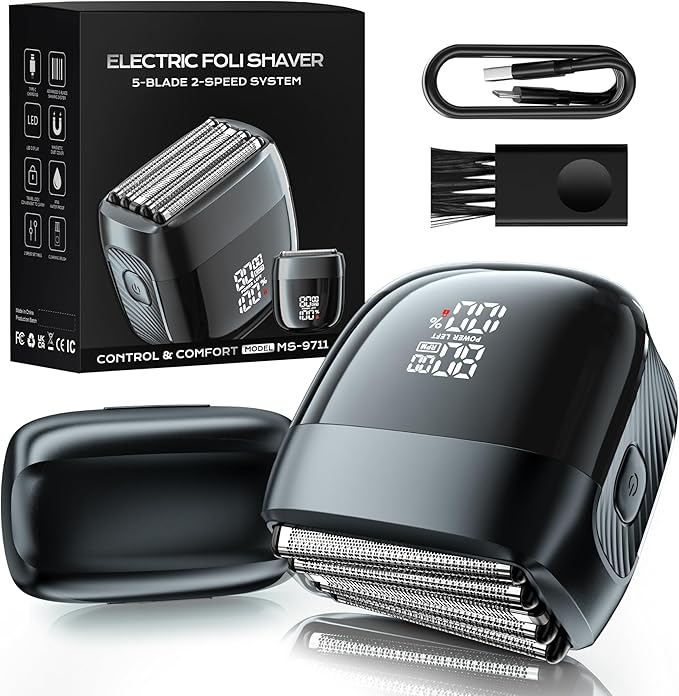 Electric Foil Shaver for Men: 5-Blade System, IPX8 Waterproof, LED Display with 2 Speeds, USB-C Fast Charge, Magnetic Guard & Brush, Travel Lock,Gray