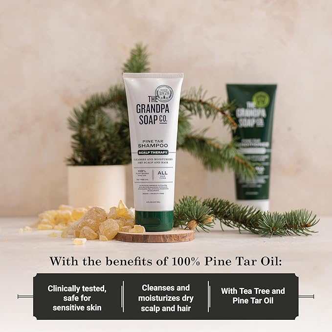 The Grandpa Soap Company Pine Tar Shampoo - Cleanses and Moisturizes Dry Scalp, With Pine Tar and Tea Tree Oil, All Hair Types, Vegan, Sulfates and Parabens Free, 8 Fl Oz 2 Pack