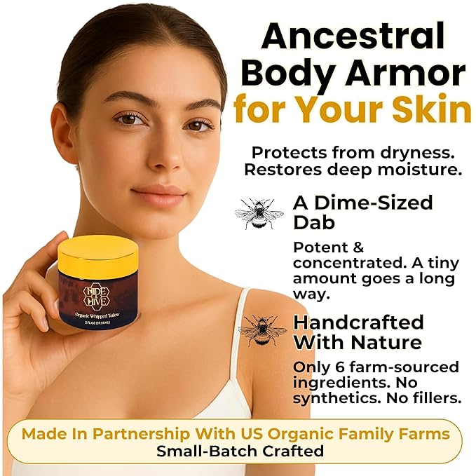 HIDE & HIVE Whipped Tallow Balm – Grass-Fed Moisture for Face, Body & Hands – Organic Beef Tallow for Skin with Royal Jelly & Propolis – Clean, Non-Greasy Balm for Dry, Sensitive Skin