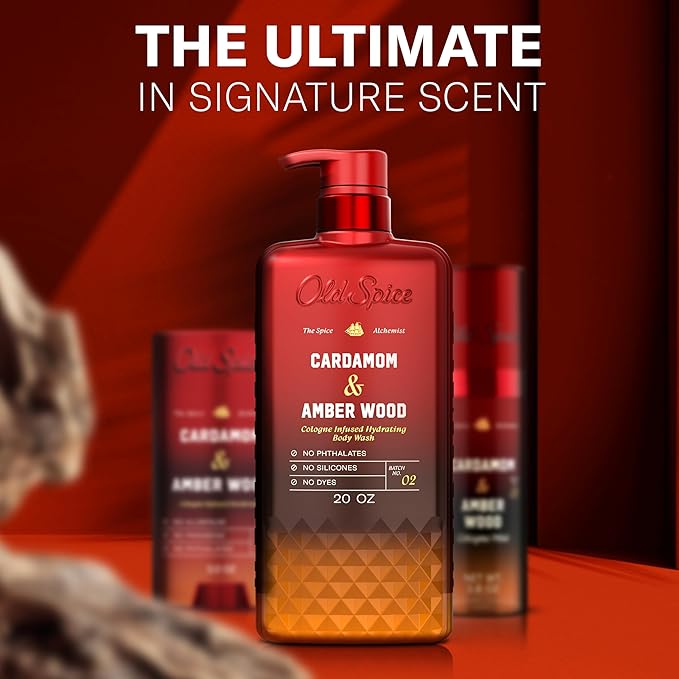 Old Spice Body Wash for Men, The Spice Alchemist Collection, 24/7 Cologne Infused Hydration, No Trade Off Formula, Free of Phthalates Silicones & Dyes, Cardamom + Amber Wood Scent, 20 oz