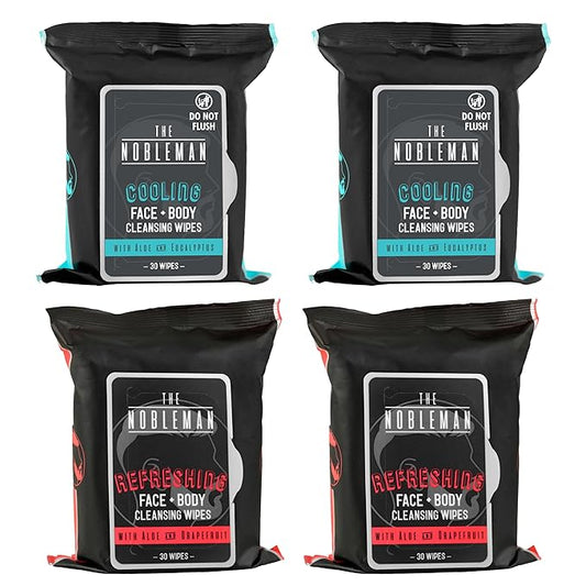 The Nobleman Cooling Face + Body Cleansing Wipes (120 Wipes) - 2 Packs Aloe & Eucalyptus + 2 Packs of Aloe & Grapefruit – Refreshing, Soothing, Non-Greasy, Skin Revitalizer
