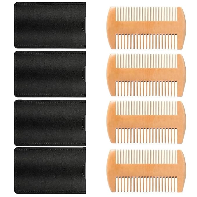 4 Pack Double-Sided Pocket Comb, Wooden Dual Action Beard and Mustache Comb Set with Leather Cases for Beards and Mustaches, Everyday Styling Comb For Detangling Knots (Mahogany)