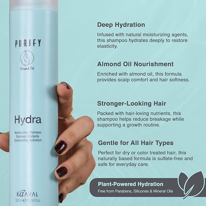 Kaaral Purify Hydra Moisturizing Shampoo - Natural Hydrating Care for Dry or Color Treated Hair - Safe for Women and Men - Softens and Revives Hair - Professional Quality Formula - 300ml